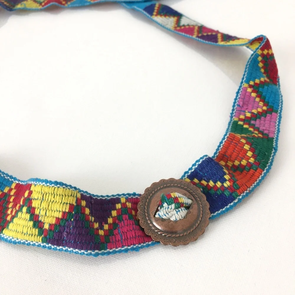 Vintage Colorful Western Handwoven Belt Copper Conchos Cowgirl Festival Tribal